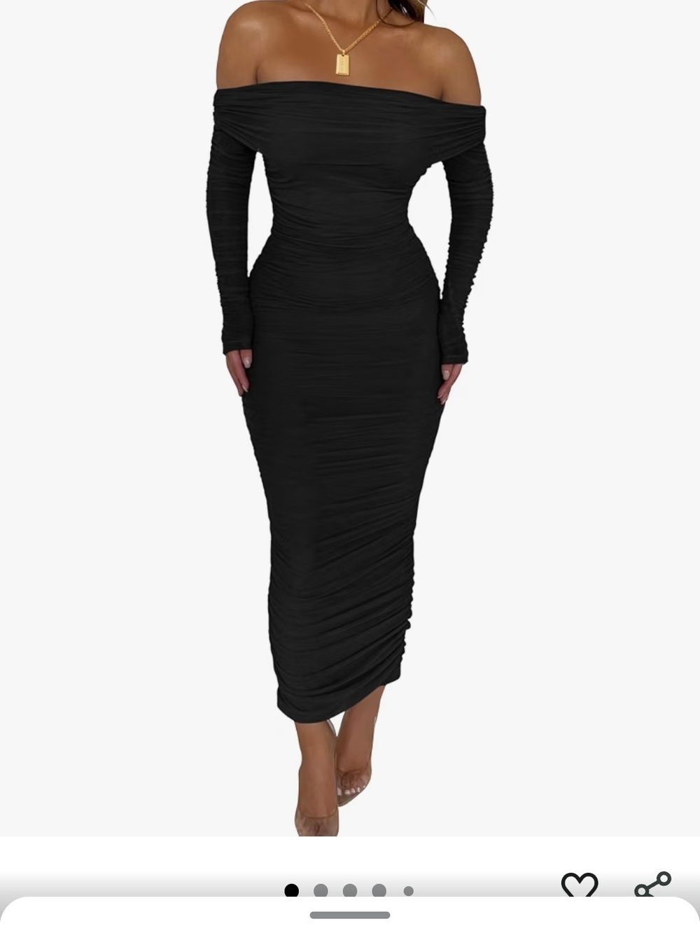 Off-Shoulder Ruched Long Sleeve Black Midi Dress